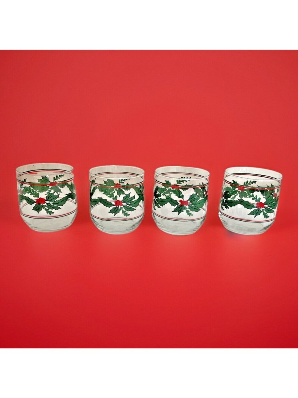 4 VTG Libbey Holiday Old Fashioned Rocks Glasses Holly Berry Christmas READ